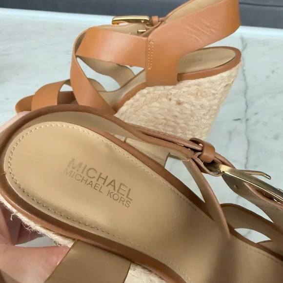 Michael Kors Brown Leather Wedge Sandals with Gold Buckle - Picture 2 of 4
